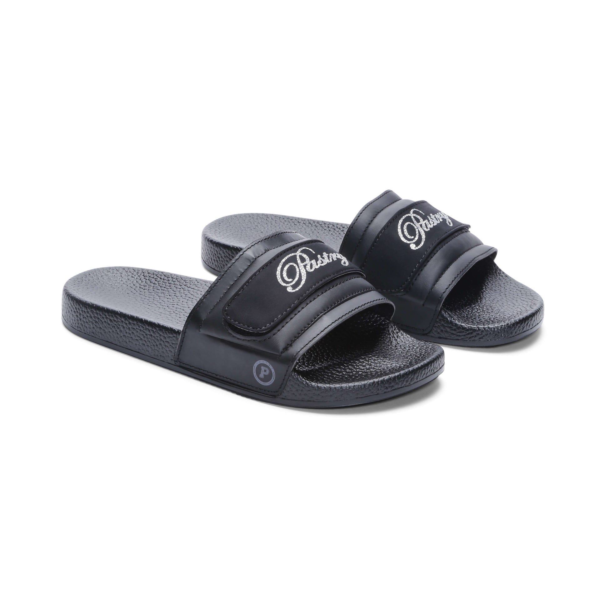 Pair of Pastry Adult Women's Recovery Slide Customized with Pastry Logo Straps in 3 Quarter view