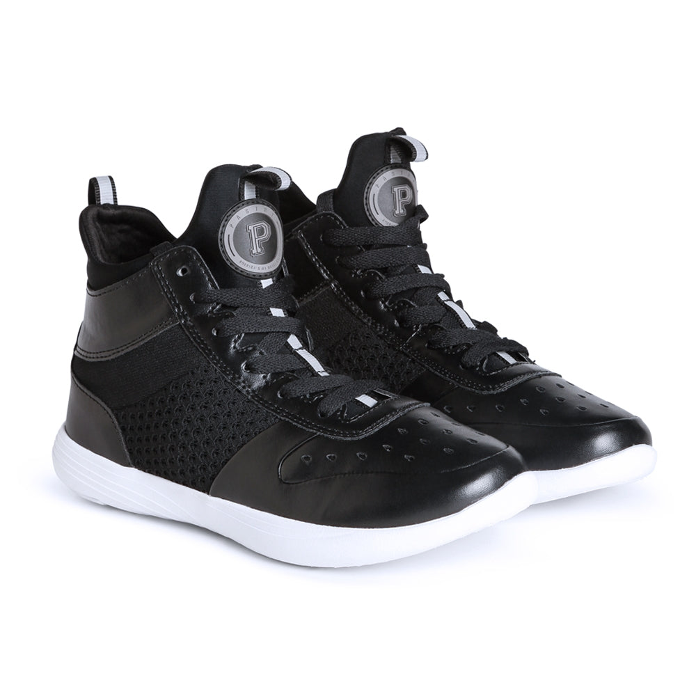 Pair of Pastry Ultimate Hip Hop Adult Women's Sneaker in Black/White in 3 quarter view