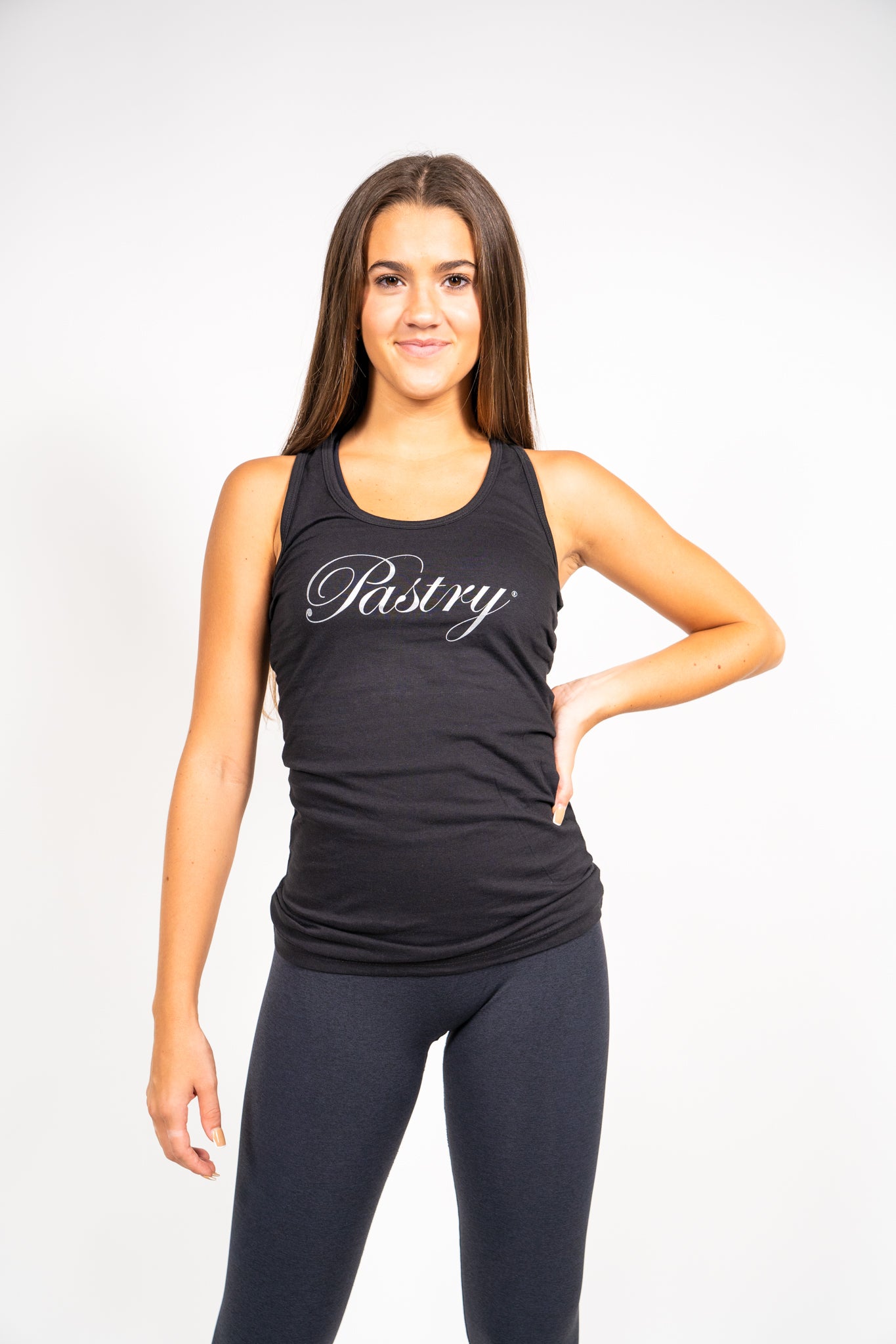 Pastry Racerback Tank Top Black with Silver Logo front view