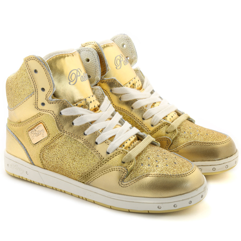 Pair of Pastry Glam Pie Glitter Adult Women's Sneaker in Gold in 3 quarter view