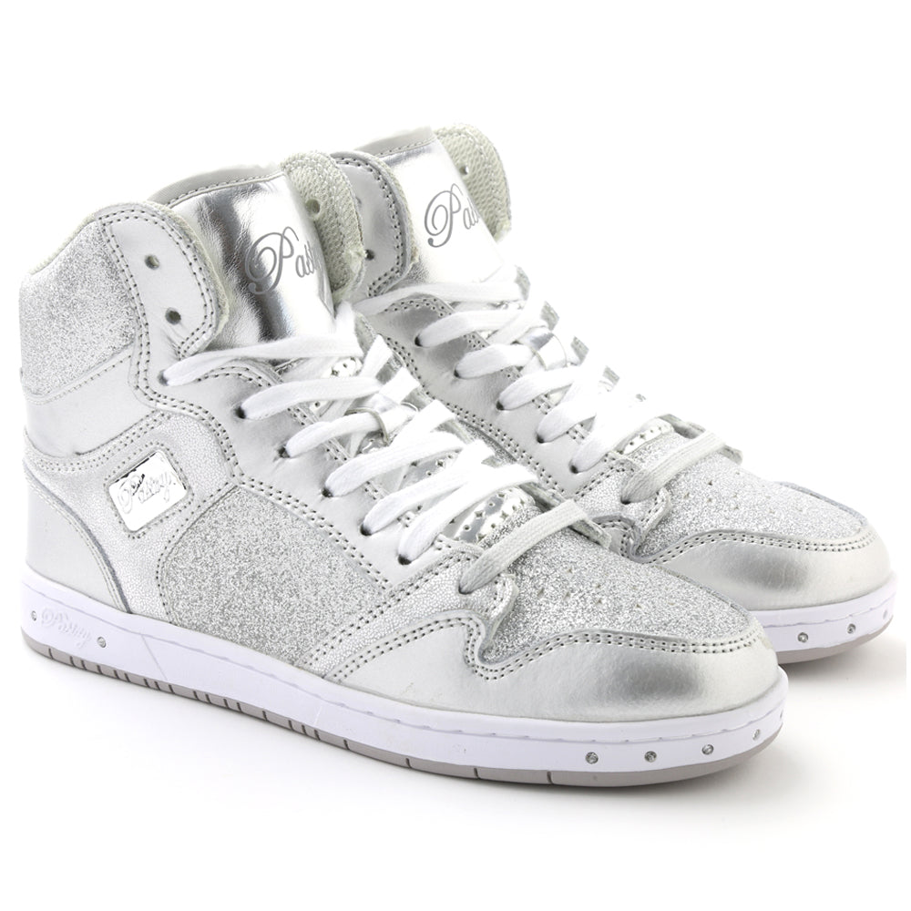 Pair of Pastry Glam Pie Glitter Adult Women's Sneaker in Silver in 3 quarter view