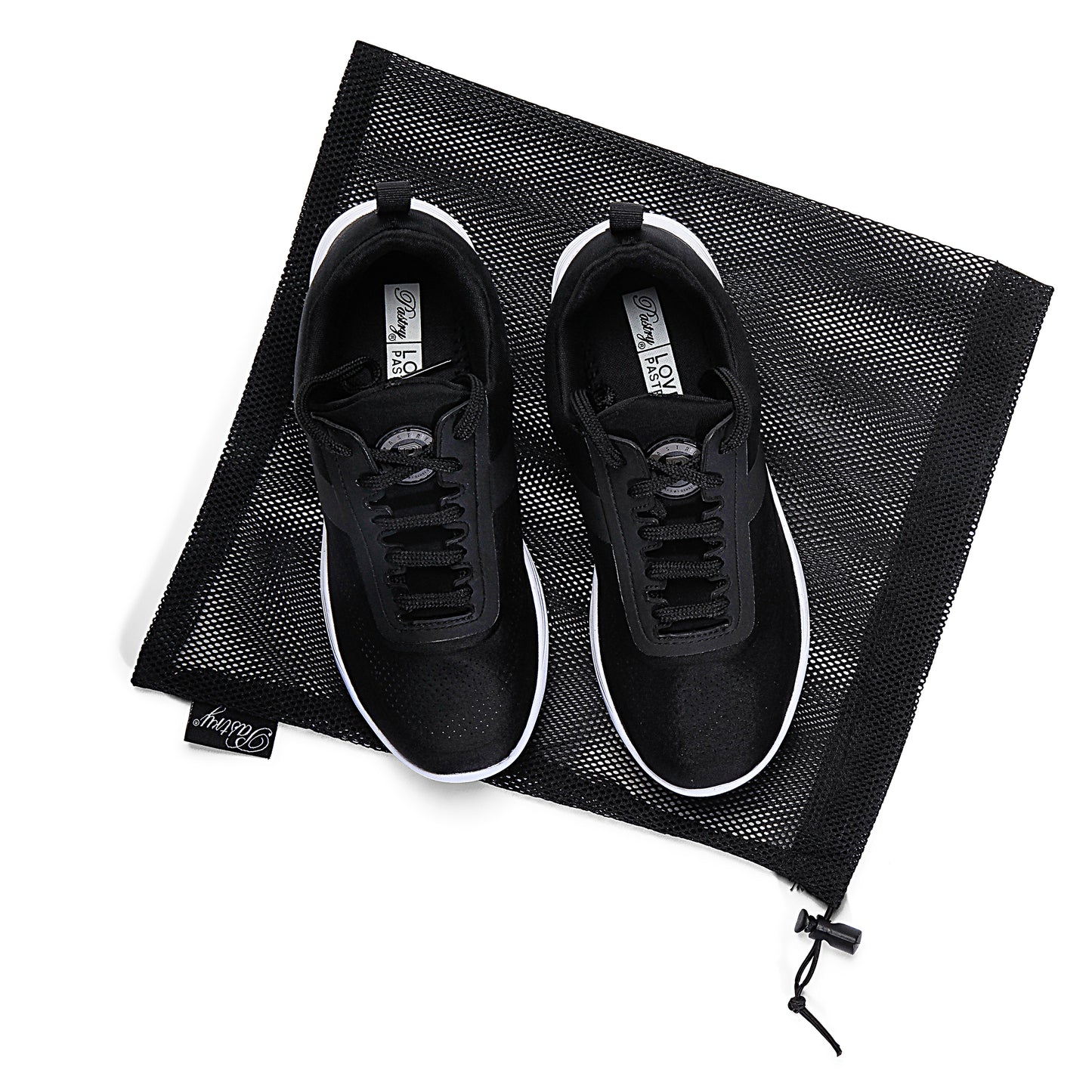 Pair of Pastry Adult Studio Trainer Women's Sneaker in Black/White with bag top view