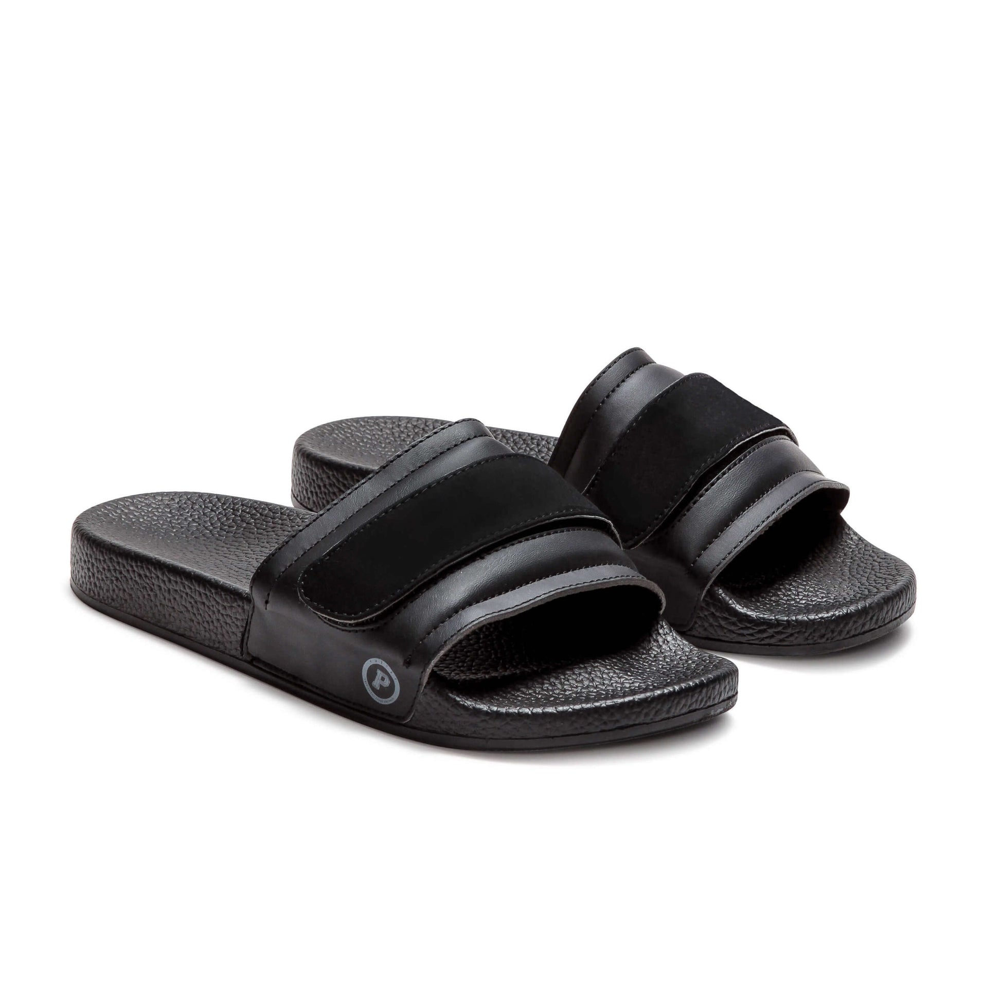 Pair of Pastry Adult Women's Recovery Slide in Black with Blank Straps in 3 quarter view