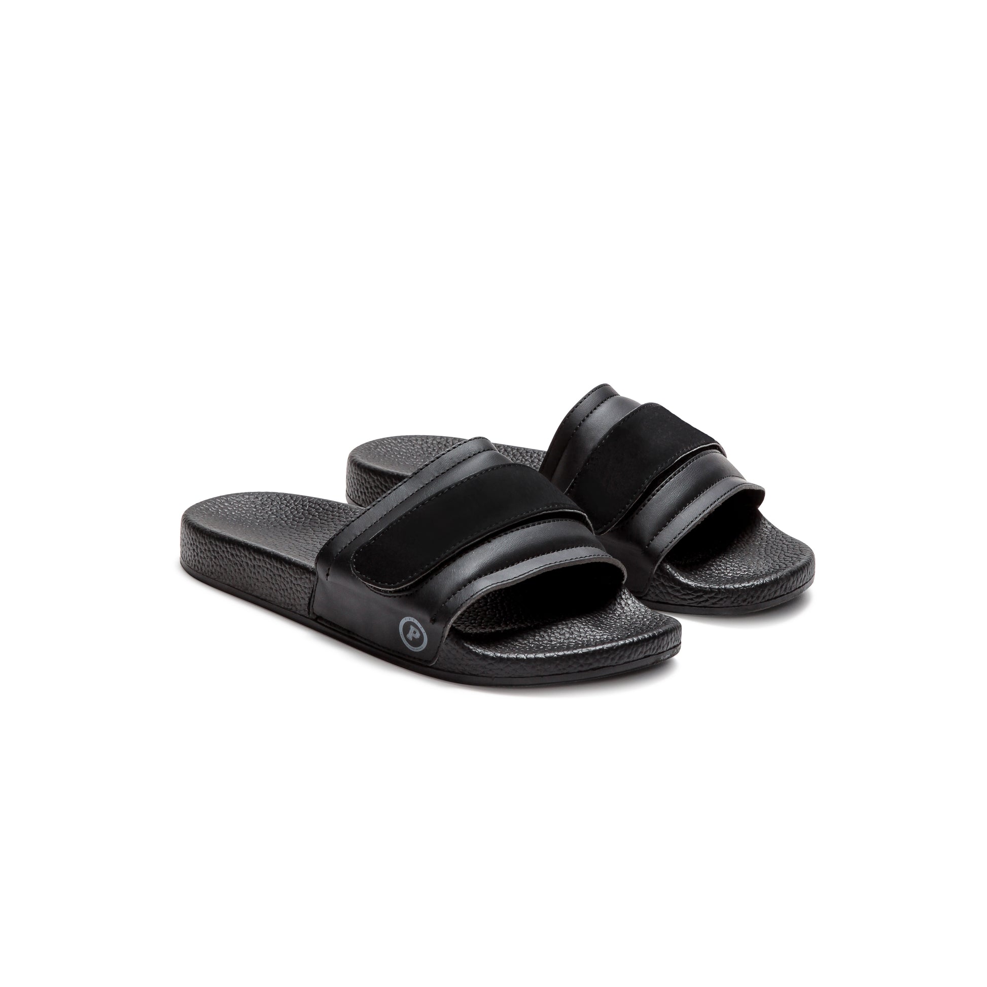 Pair of Pastry Recovery Slide in Black with customizable straps in 3 quarter view