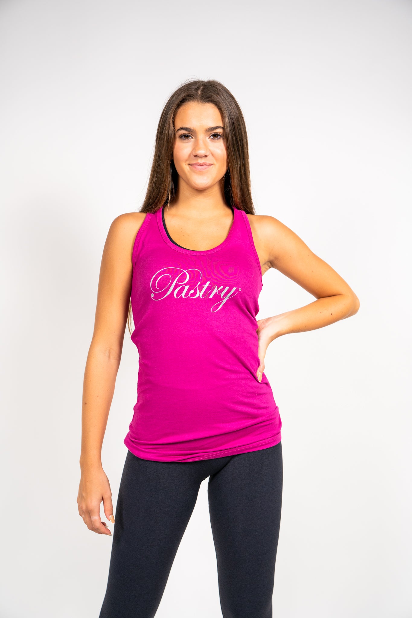 Pastry Racerback Tank Top Berry with Silver Logo front view