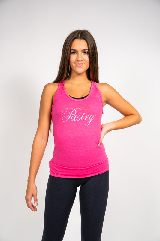 Pastry Racerback Tank Top Heliconia Heather with Silver Logo front view
