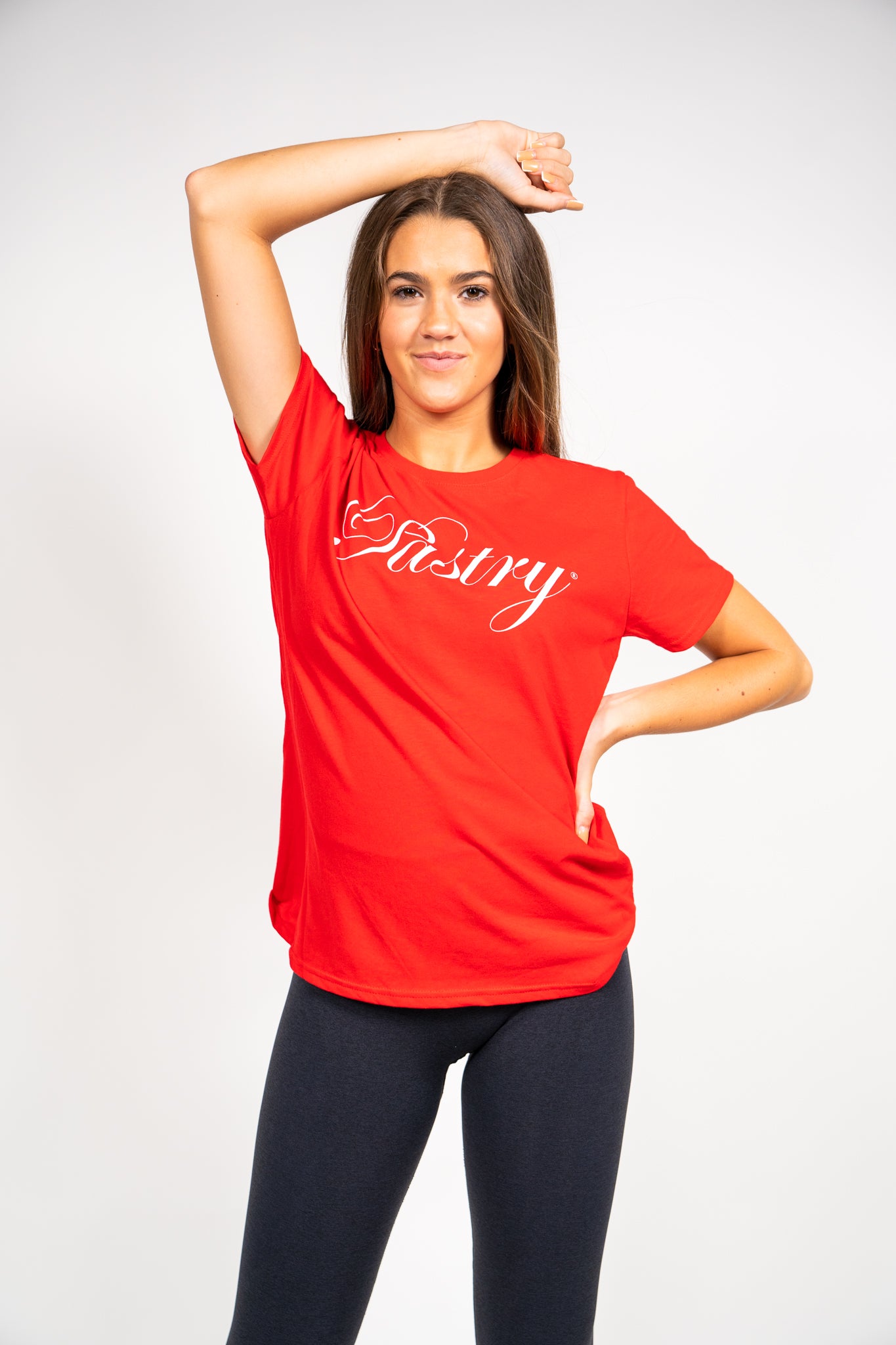 Pastry Tee Shirt New Red with White Sparkle Logo when worn
