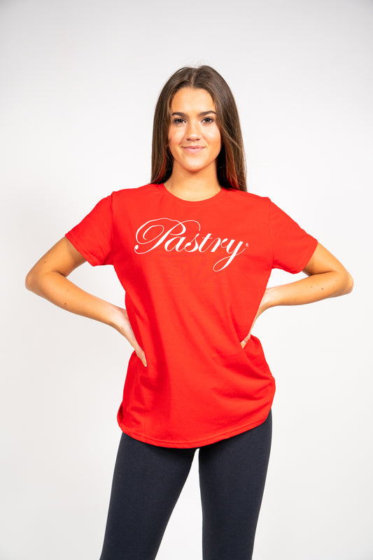 Woman wearing Pastry Tee Shirt New Red with White Sparkle Logo