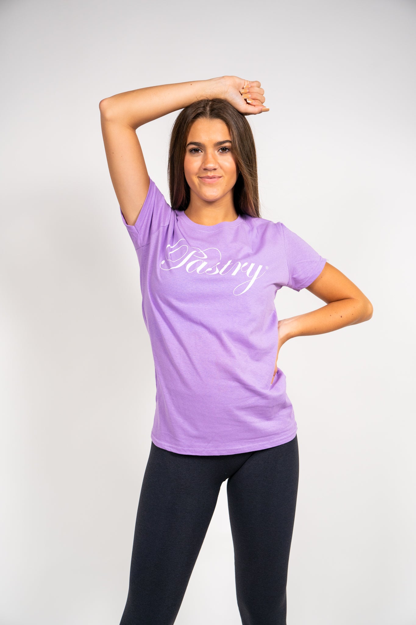 Pastry Tee Shirt Lavender with White Sparkle Logo when worn