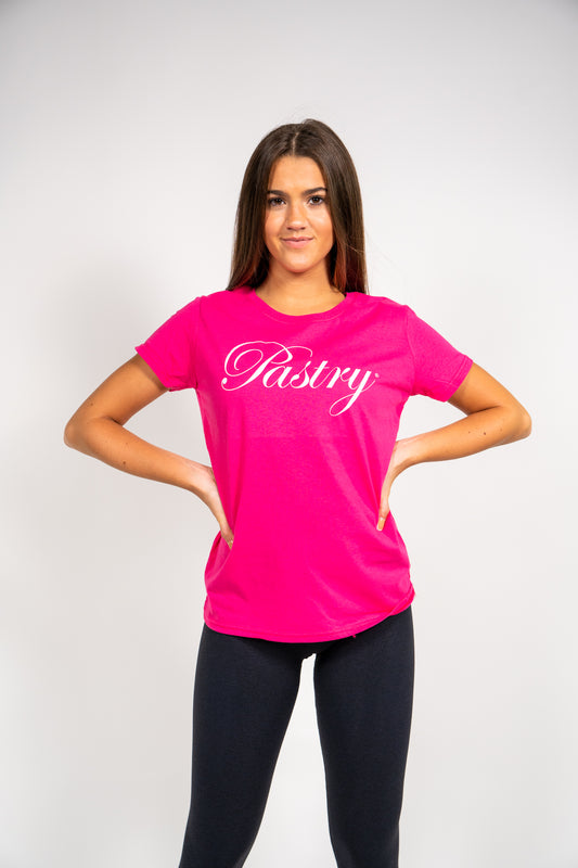 Woman wearing Pastry Tee Shirt Helicona with White Sparkle Logo