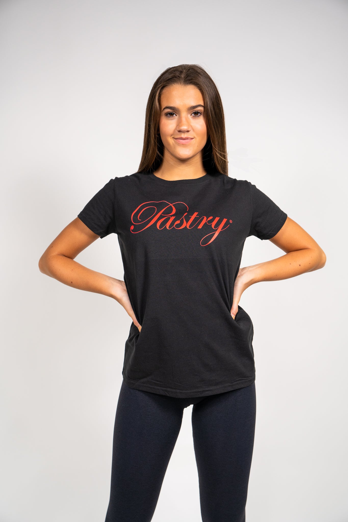 Woman wearing Pastry Tee Shirt Black with Red Logo
