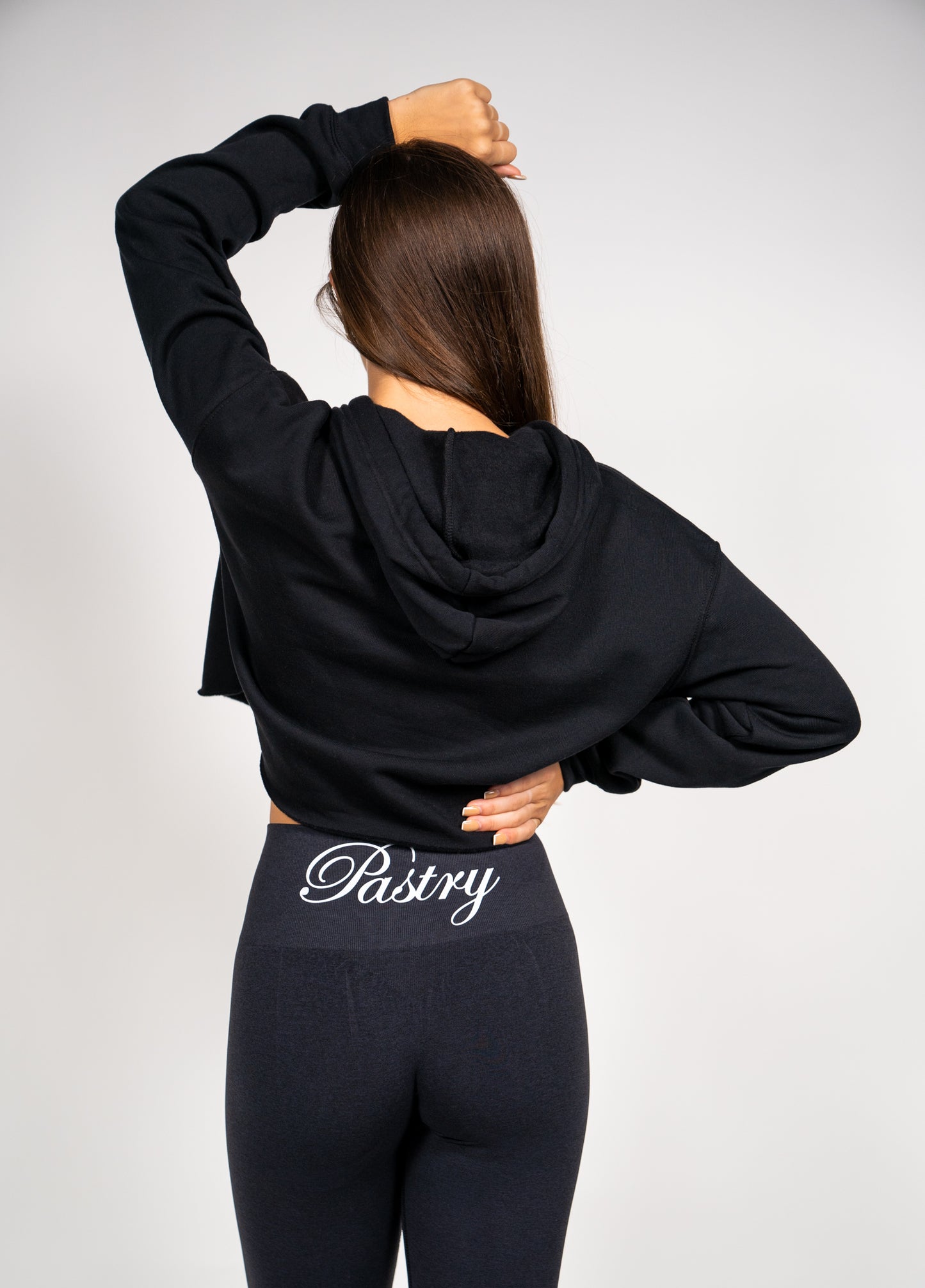 Pastry Cropped Hoodie Black with Neon Green Logo back view