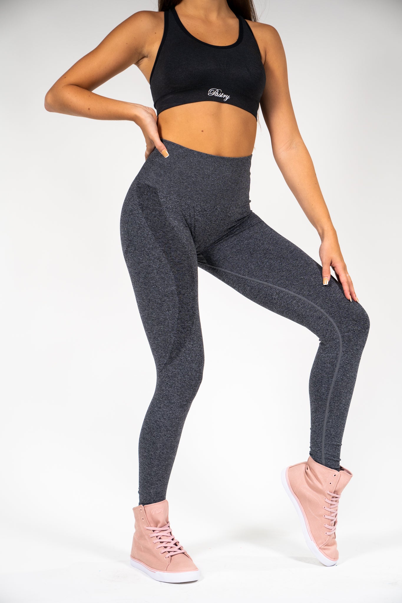 Woman wearing Pastry Seamless Leggings Black Speckled Marl front view