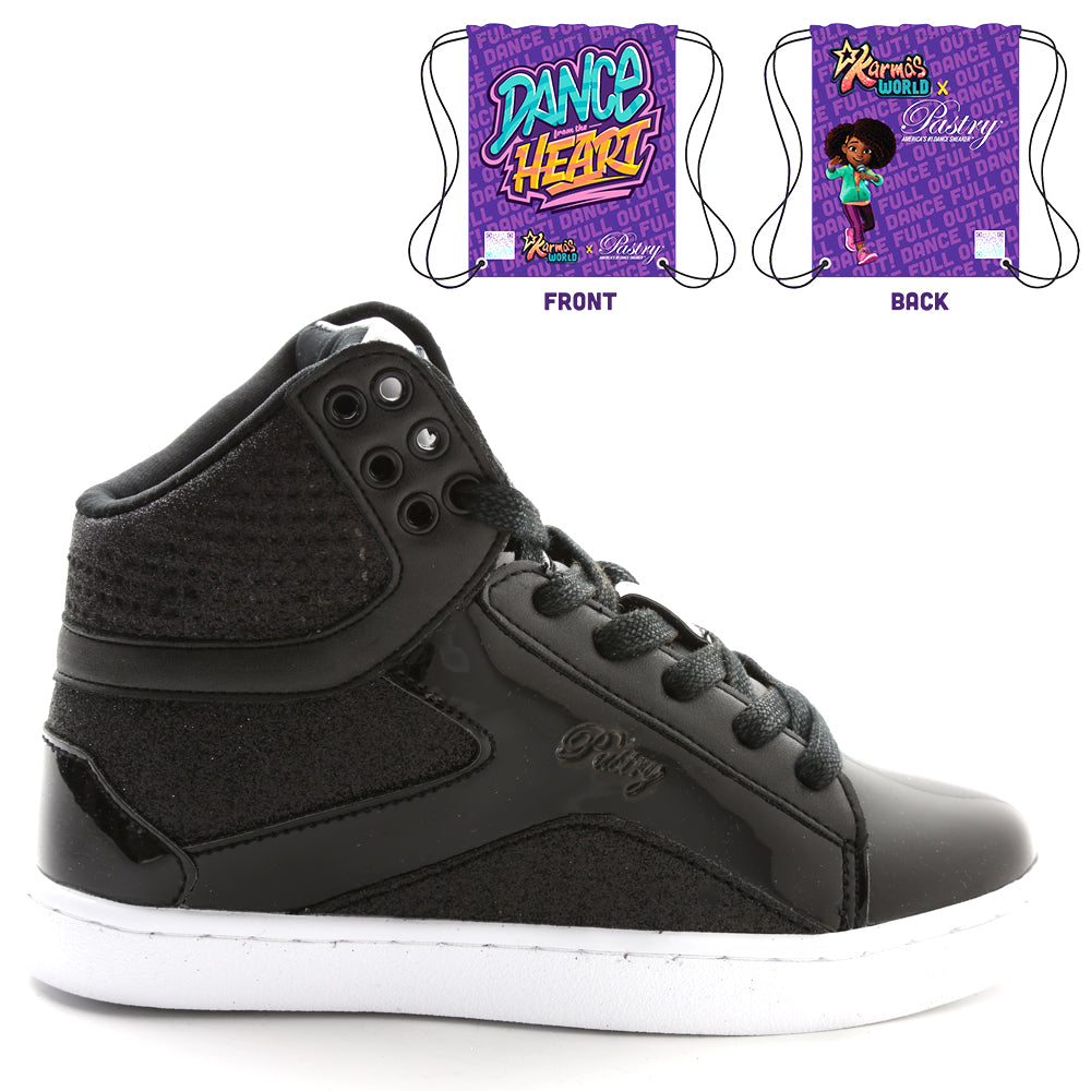 Pastry Pop Tart Glitter Youth Sneaker in Black with KW x Pastry Cinch Bag lateral view