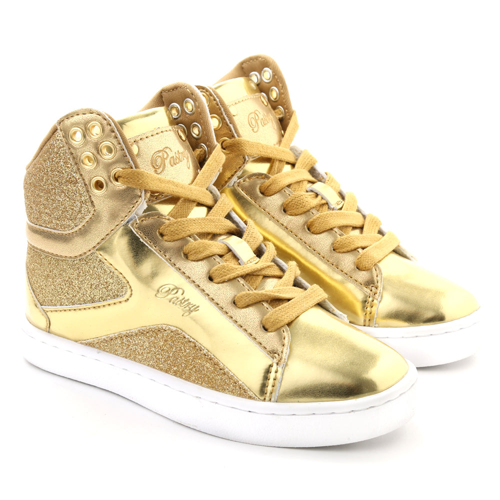 Pair of Pastry Pop Tart Glitter Youth Sneaker in Gold in 3 quarter view