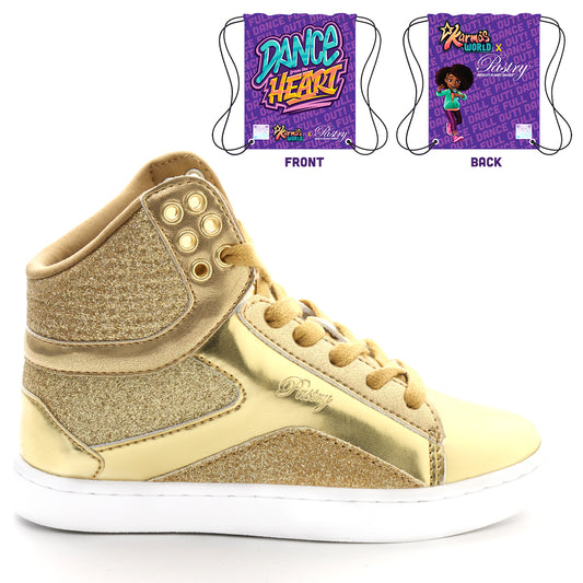 Pastry Pop Tart Glitter Youth Sneaker in Gold with KW x Pastry Cinch Bag lateral view