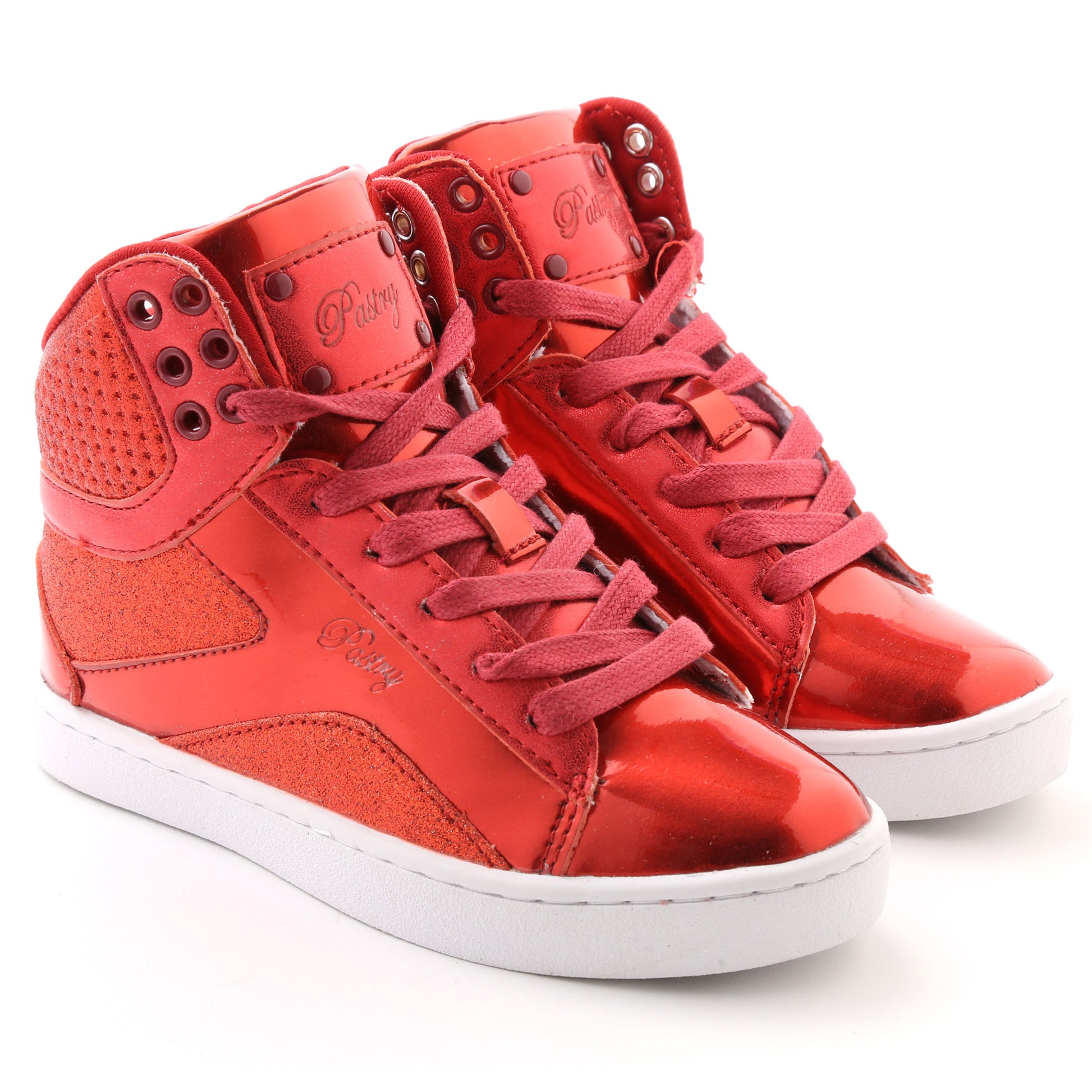 Pair of Pastry Pop Tart Glitter Youth Sneaker in Red in 3 quarter view