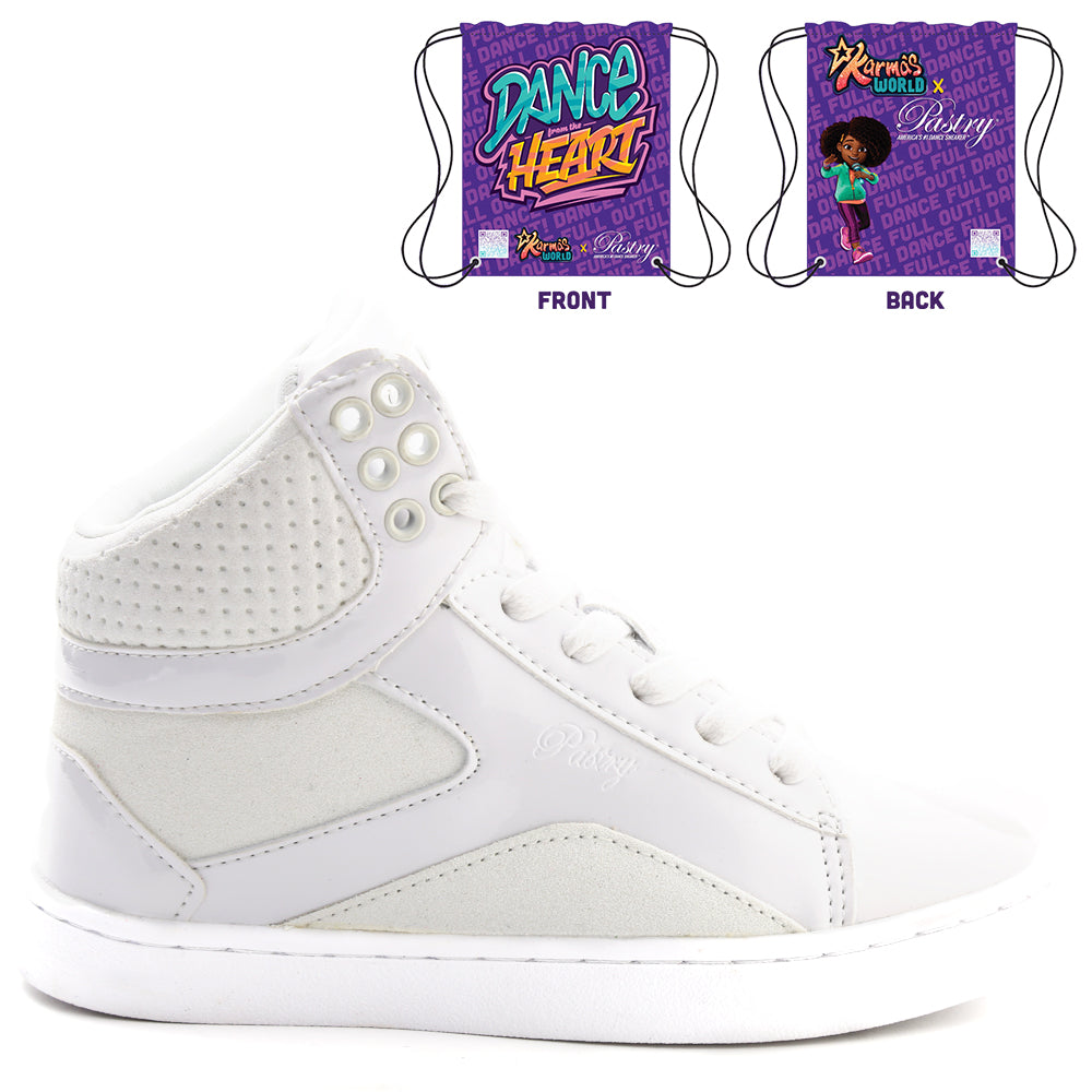 Pastry Pop Tart Glitter Youth Sneaker in White with KW x Pastry Cinch Bag lateral view
