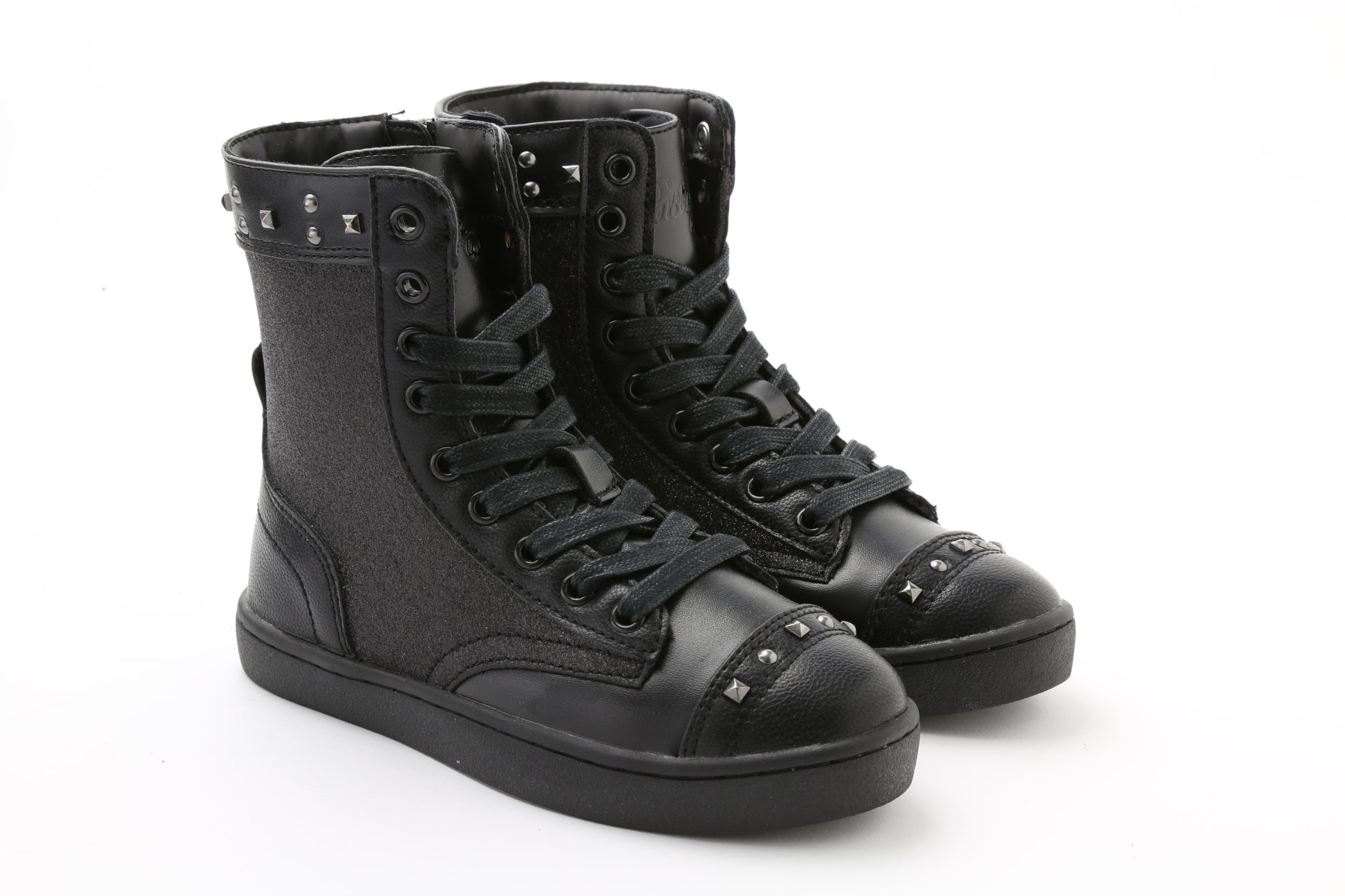 Pair of Pastry Military Glitz Youth Sneaker Boot in Black/Black in 3 quarter view