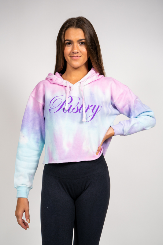 Woman wearing Pastry Cropped Hoodie Cotton Candy with Lavender Logo front view