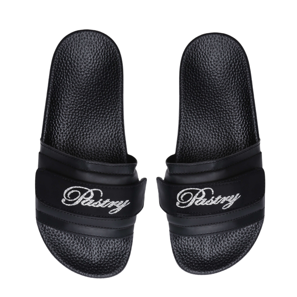 Pair of Pastry Adult Women's Recovery Slide Customized with Pastry Logo Straps top view