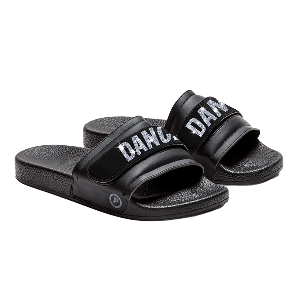 Pair of Pair of Pastry Youth Recovery Slide with Glitter Dance straps in 3 quarter view