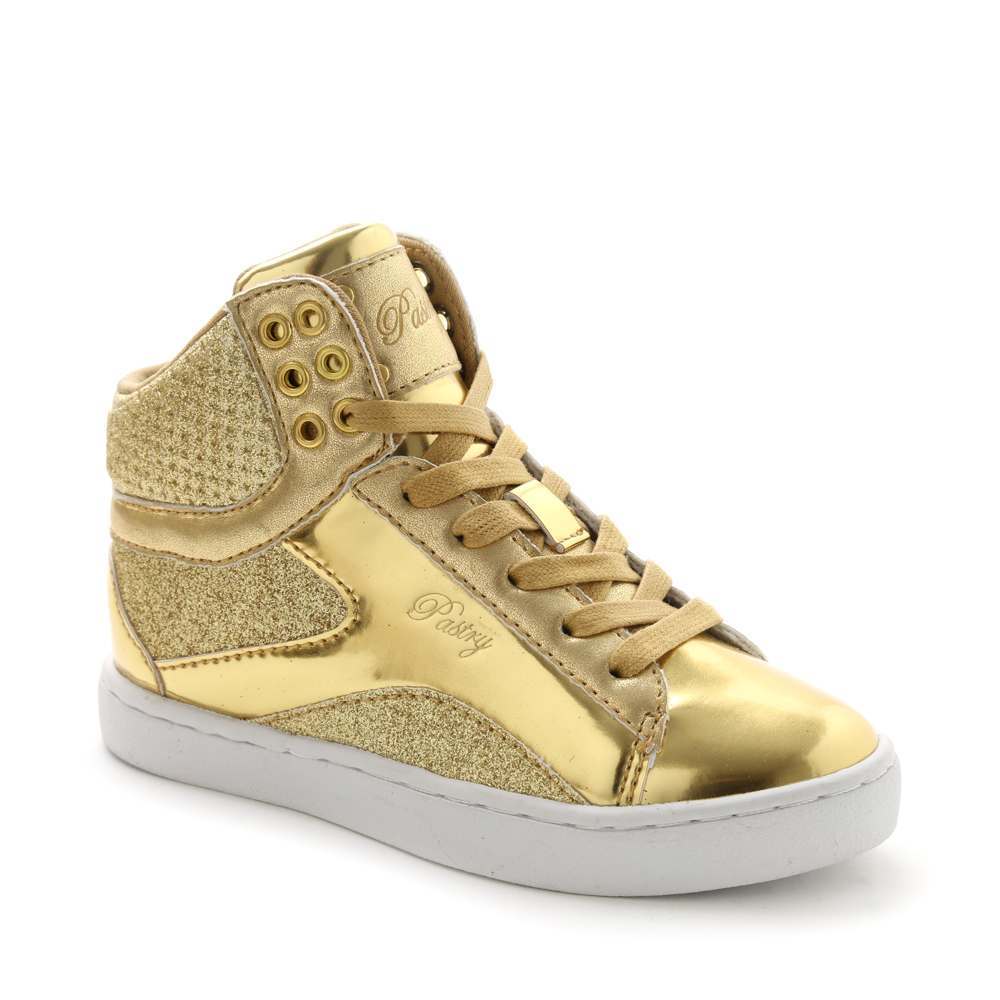 Pastry Pop Tart Glitter Youth Sneaker in Gold in 3 quarter view
