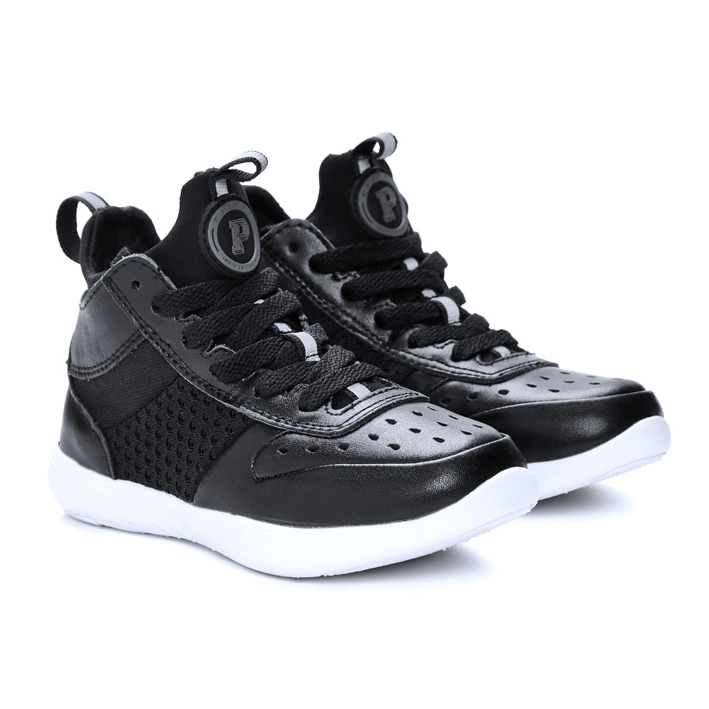 Pair of Pastry Ultimate Hip Hop Youth Sneaker in Black/White in 3 quarter view